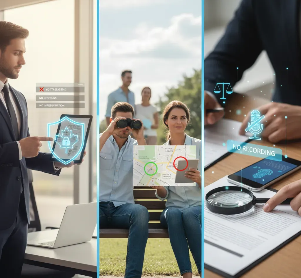 Investigator reviewing legal and ethical boundaries (PIPEDA) for covert operation compliance in Canada.