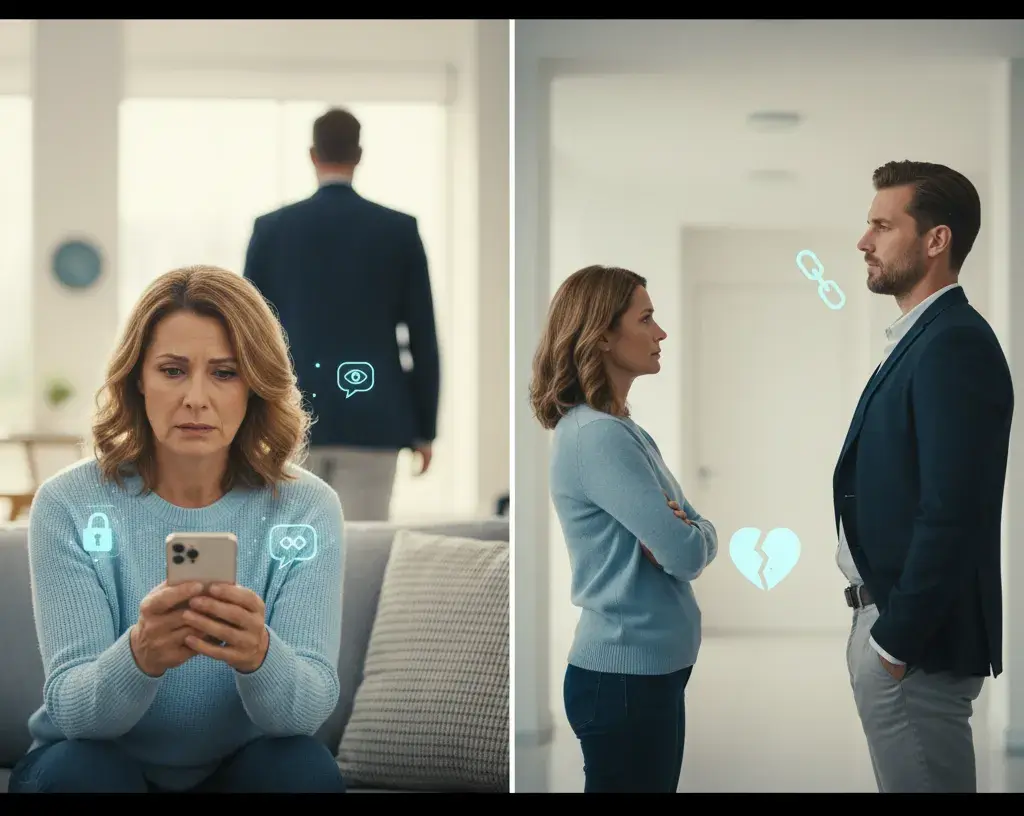 Visual representation of common signs of a cheating spouse for infidelity investigation in Toronto.